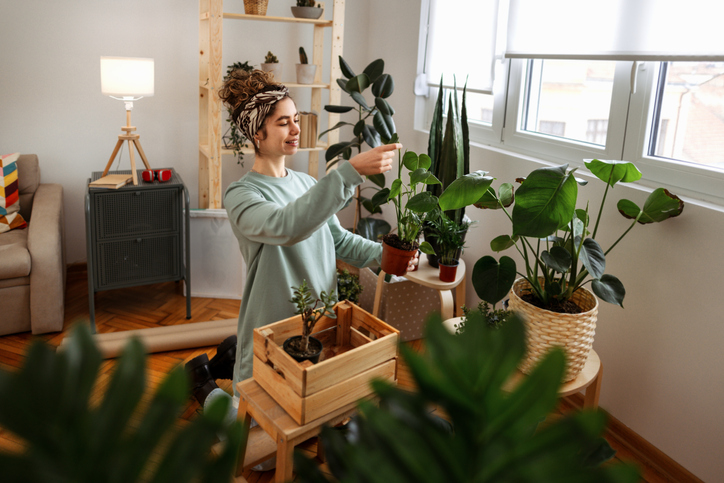 Young beautiful smiling woman with her plants at home