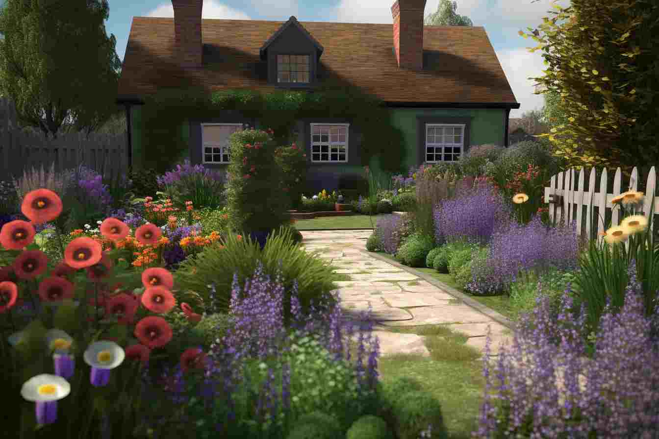 Create a cottage style garden by using a mix of different types of flowers such as daisies poppies and lavender