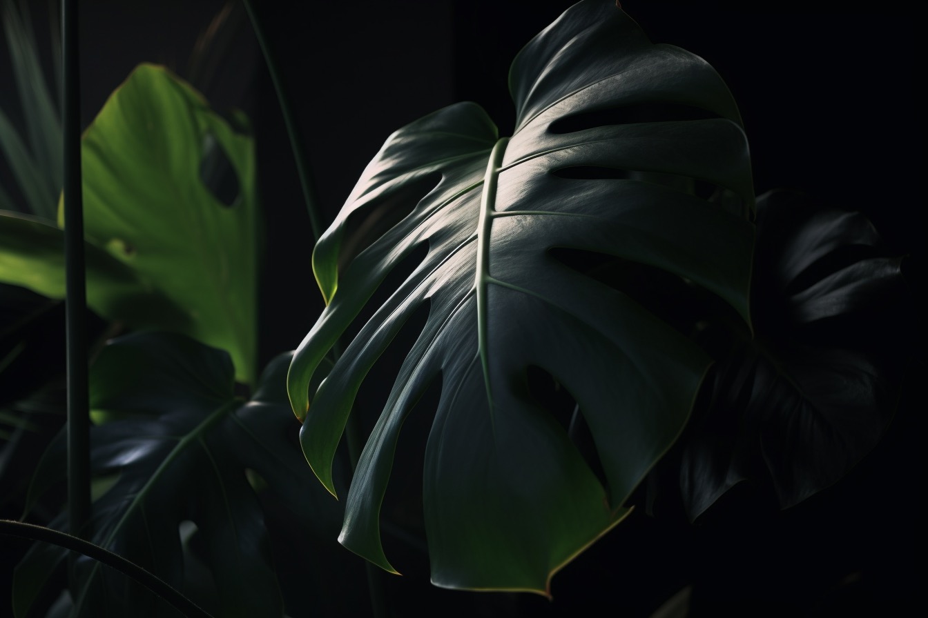 Monstera Borsigiana leaf in a dim room