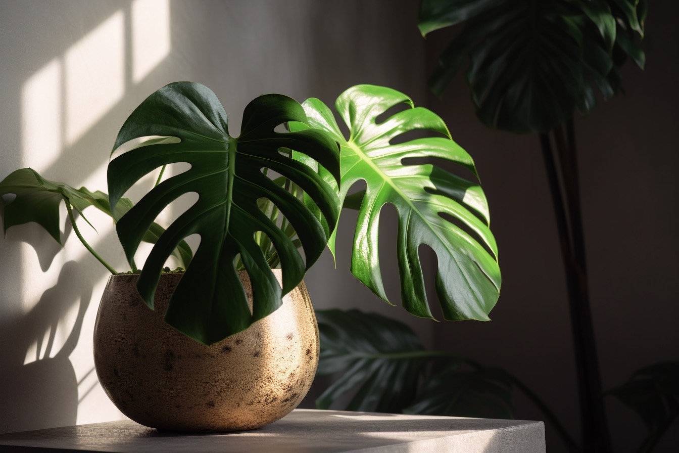 Monstera deliciosa on rustic brass planter