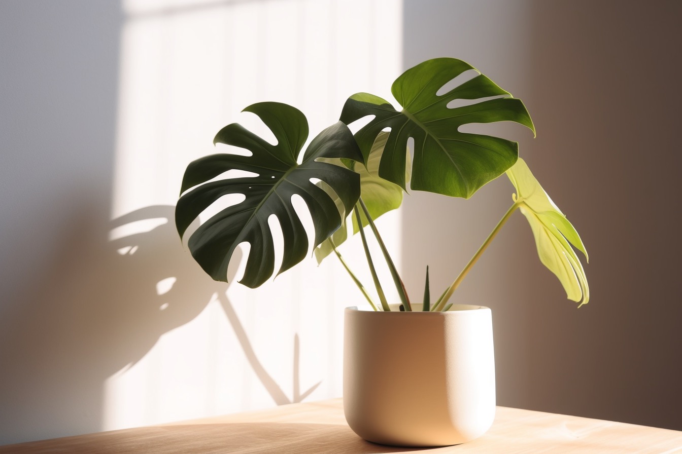 Monstera deliciosa in a white planter