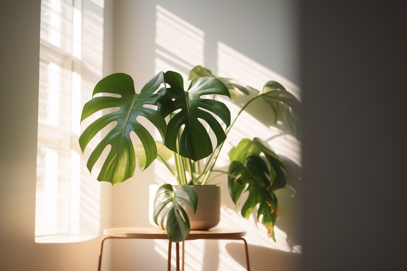 Monstera deliciosa on a small white table