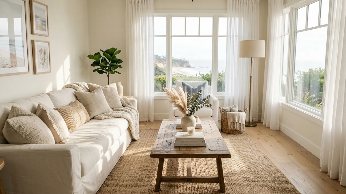 Beige Coastal Living Room Ideas