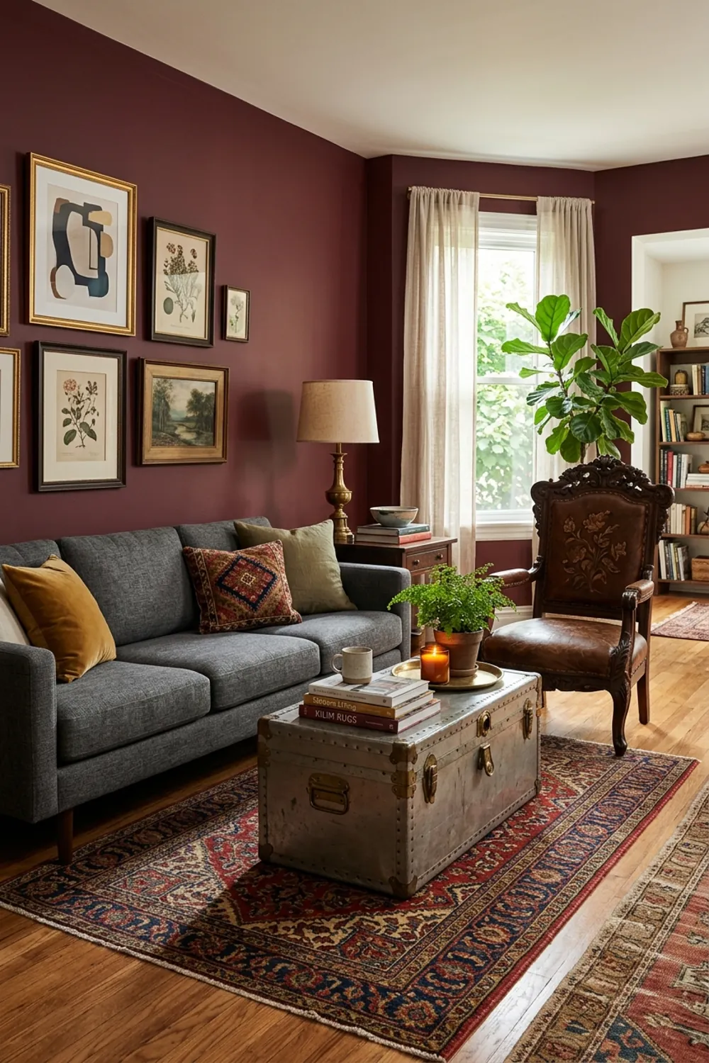 Burgundy Walls with Eclectic Furnishings