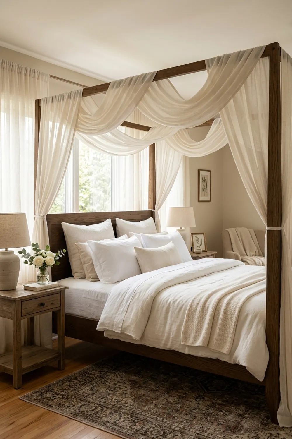 Canopy Bed Draped in Cream