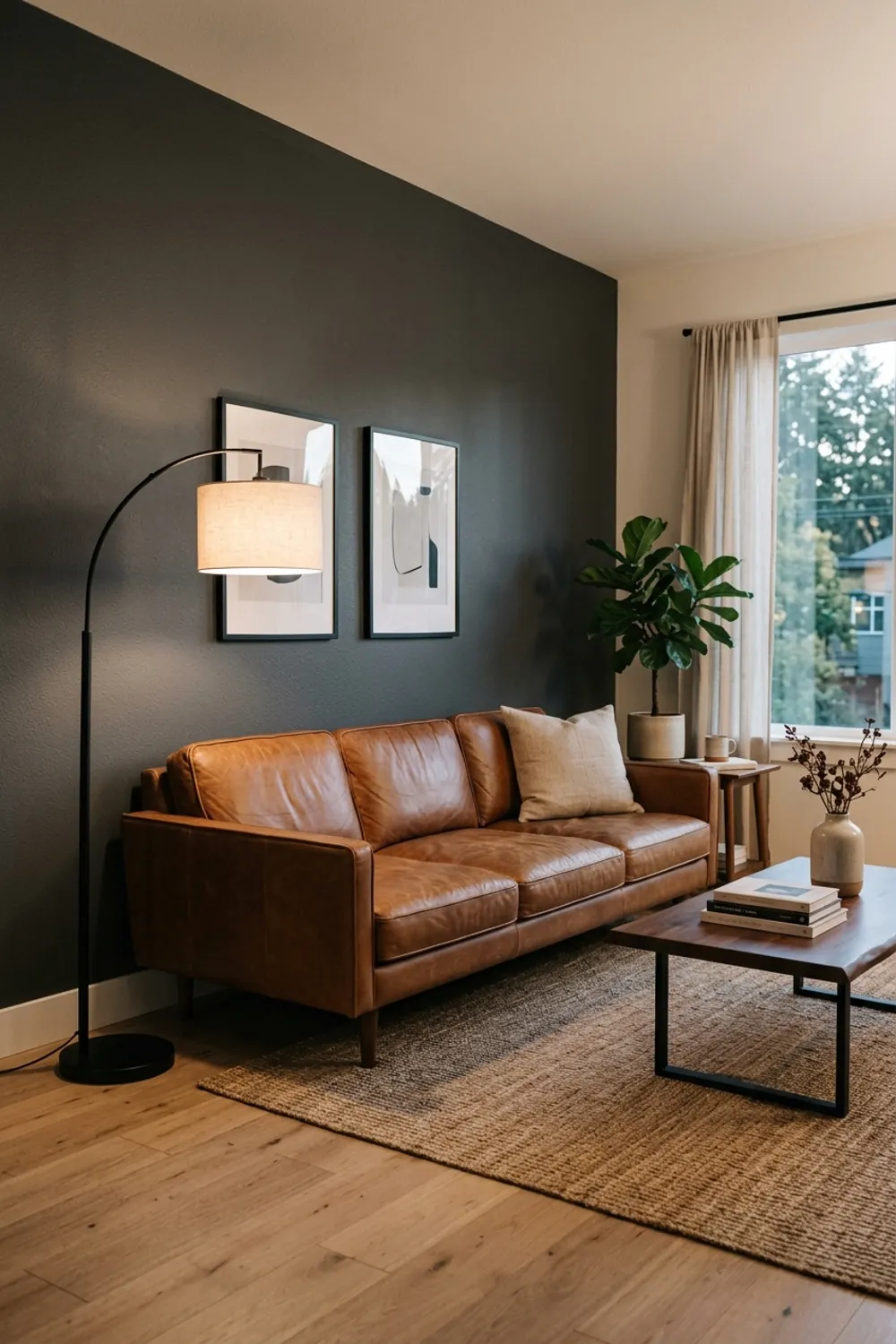 Charcoal Accent Wall and Cognac Leather