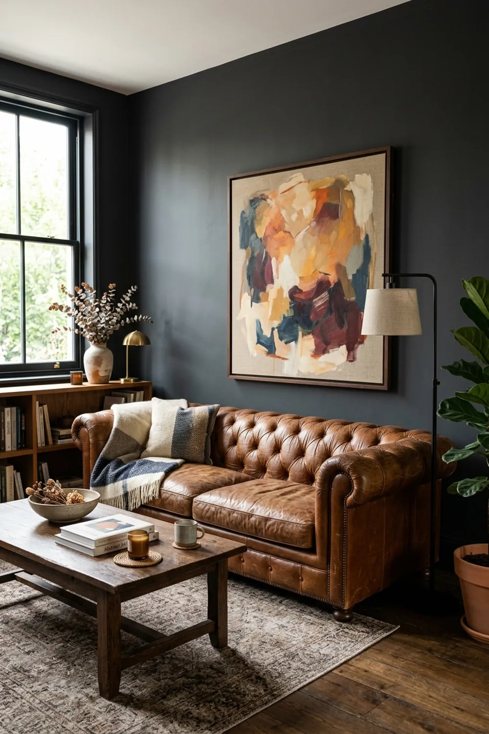 Charcoal Walls with Cognac Leather