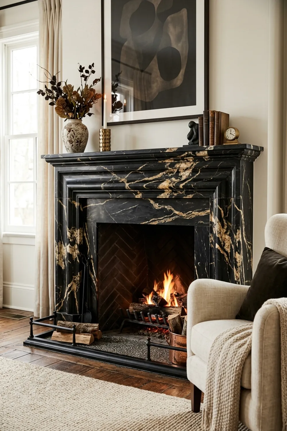 Luxe Black Marble Fireplace