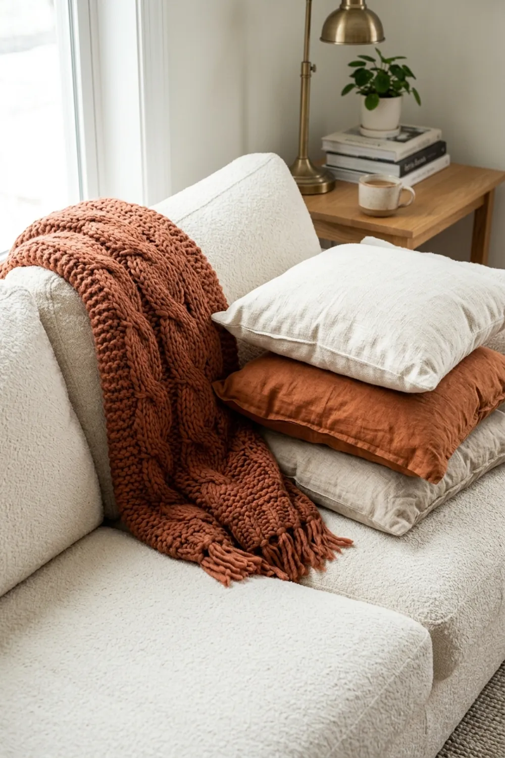 Plush Cream Sofa with Terracotta Throws