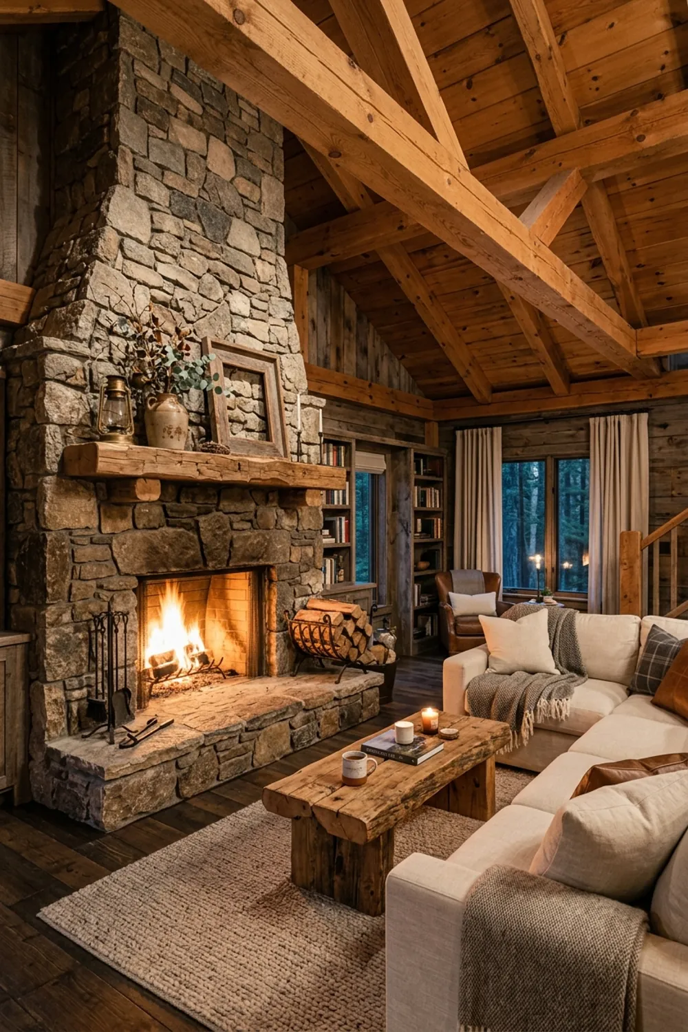Rustic Cabin with a Stone Fireplace