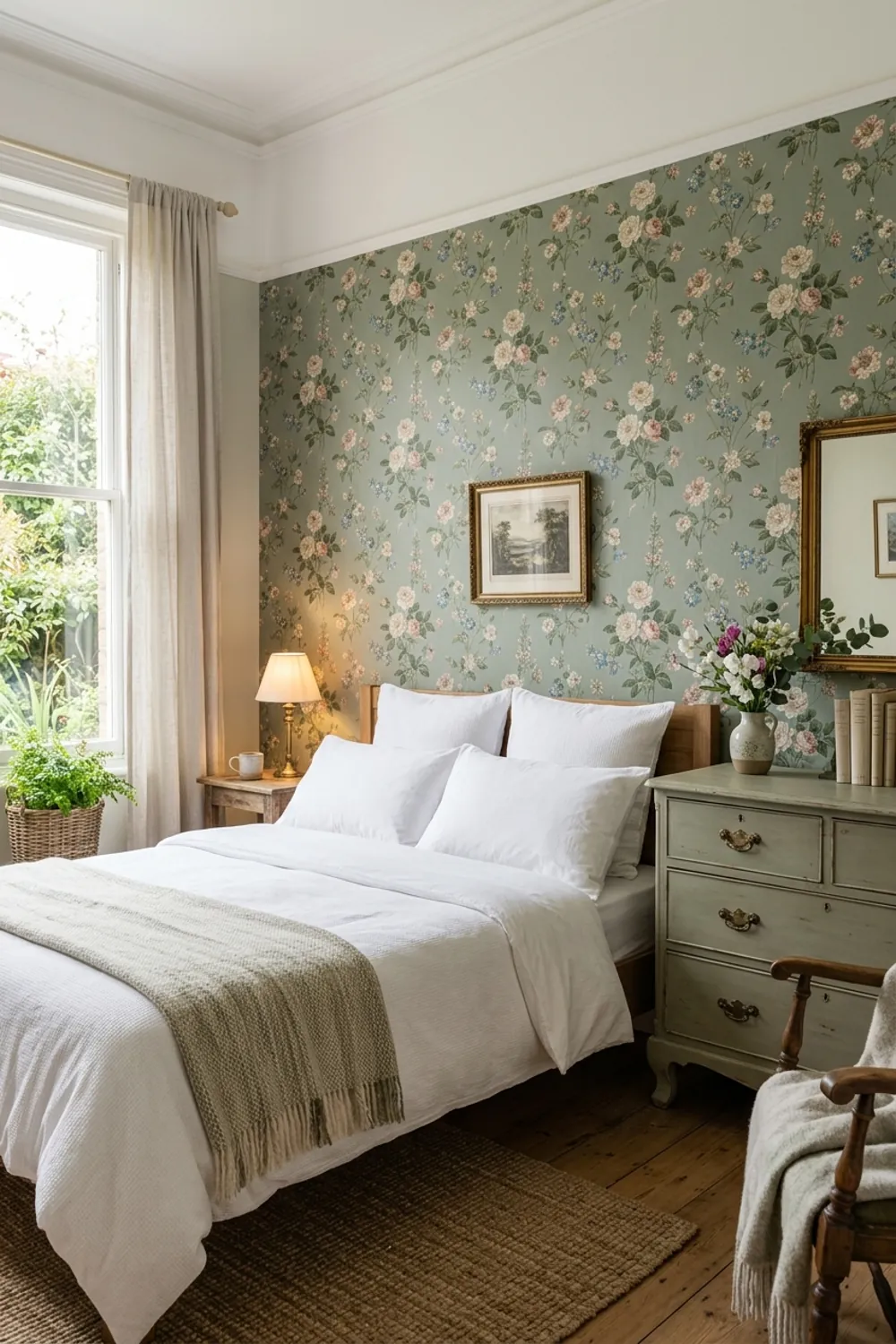 Sage with a Floral Wallpaper Accent
