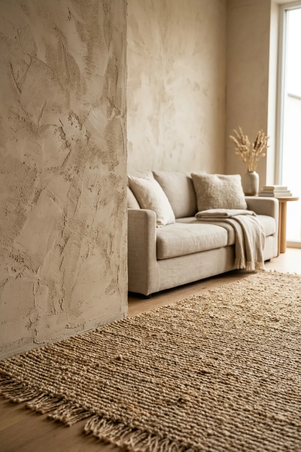 Textured Plaster Walls and a Jute Rug